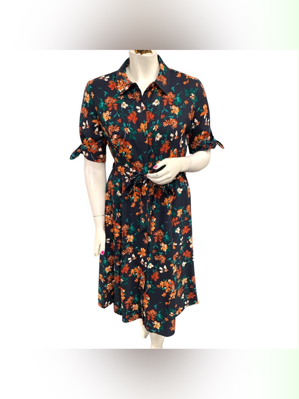 Calvin Klein Dark Green Floral Midi Shirt Dress with Orange Accents Size L
